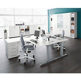 Schäfer Shop Select Winkelschreibtisch ERGO-T 2.0, 90° Winkel, Ansatz links, T-Fuß, B 2000 x T 1200/800 x H 675-895 mm, weiß/weißalu