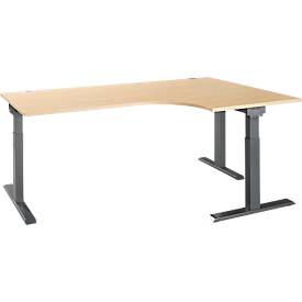 Schäfer Shop Select Winkelschreibtisch ERGO-T 2.0, 90° Winkel, Ansatz rechts, T-Fuß, B 2000 x T 1200/800 x H 675-895 mm, Ahorn/anthrazit