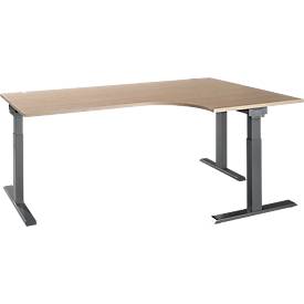 Schäfer Shop Select Winkelschreibtisch ERGO-T 2.0, 90° Winkel, Ansatz rechts, T-Fuß, B 2000 x T 1200/800 x H 675-895 mm, Eiche/anthrazit