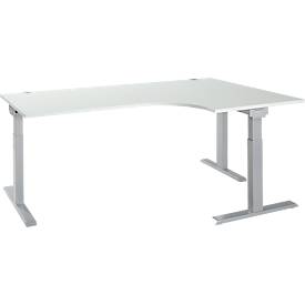 Schäfer Shop Select Winkelschreibtisch ERGO-T 2.0, 90° Winkel, Ansatz rechts, T-Fuß, B 2000 x T 1200/800 x H 675-895 mm, lichtgrau/weißalu