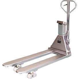 Schefer Gabelhubwagen Premium Edelstahl, mit Waage, Tragfähigkeit 2000 kg, Teilung 0,5 kg, Gabellänge 1150 mm