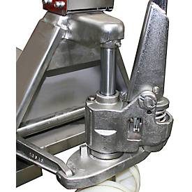 Schefer Gabelhubwagen Premium Edelstahl, mit Waage, Tragfähigkeit 2000 kg, Teilung 0,5 kg, Gabellänge 1150 mm