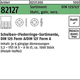 Scheibensortiment DIN 125/127, 1000tlg., Stahl galvanisch verzinkt, Form A, Federringe DIN 127