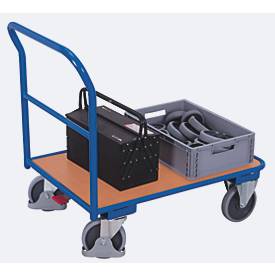 Schiebebügelwagen, Stahl/MDF-Platte, Enzianblau/Buche-Dekor, L 1000 x B 700 mm, mit Querstrebe, TPE-Rollen mit EasySTOP, bis 400 kg