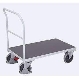 Schiebebügelwagen, Stahl/MDF-Platte, Lichtgrau/Dunkelgrau, L 1030 x B 700 mm, mit Querstrebe, TPE-Rollen mit EasySTOP, bis 500 kg