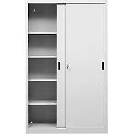 Schiebetürenschrank, 5 Ordnerhöhen, 4 höhenverstellbare Fachböden, abschließbar, B 1200 x T 450 mm x H 1950 mm, Stahl, lichtgrau RAL 7035