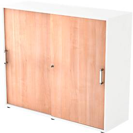 Schiebetürenschrank TARVIS, 3 Ordnerhöhen, B 1200 x T 400 x H 1100 mm, abschließ- & stapelbar, weiß/Nussbaum-Dekor