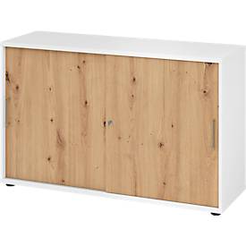Schiebetürschrank Breno, abschließbar, Spanplatte, melaminharzbeschichtet, B 1200 x T 400 x H 748 mm, 2 Ordnerhöhen, weiß/Asteiche