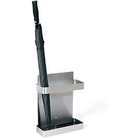 Schirmständer Elly, für die hängende Wandmontage, mit 2 Tropfschalen, B 370 x T 140 x H 450 mm, Edelstahl/Kunststoff