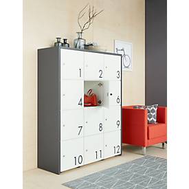 Schließfachschrank, B 1250 x T 430 x H 1548 mm, 12 abschließbare Fächer mit Zahlen, weiß/basaltgrau