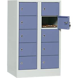 Schließfachschrank, Stahlbl., Türanschl. rechts, Zylinderschloss, 10 Fächer, B 600 x H 965 mm, l.grau RAL 7035/t.blau RAL 5014