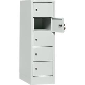 Schließfachschrank, Stahlbl., Türanschl. rechts, Zylinderschloss, 5 Fächer, B 300 x H 965 mm, l.grau RAL 7035/l.grau RAL 7035