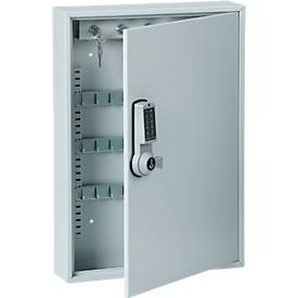 Schlüsselschrank ELO, mit 30 Haken, mit gesicherten Haken, Elektroschloss inkl. 9 V Blockbatterie, lichtgrau RAL 7035
