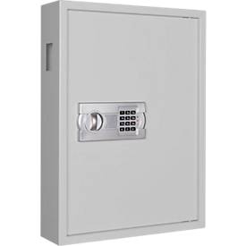 Schlüsselschrank SLE 120, für die Wandmontage, 120 Haken, mit Einwurfschlitz, Türanschlag rechts, Elektronikschloss mit Batterien, inkl. Verankerungsmaterial, B 460 x T 130 x H 630 mm, Stahlblech, lichtgrau RAL 7035