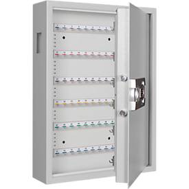 Schlüsselschrank SLE 120, für die Wandmontage, 120 Haken, mit Einwurfschlitz, Türanschlag rechts, Elektronikschloss mit Batterien, inkl. Verankerungsmaterial, B 460 x T 130 x H 630 mm, Stahlblech, lichtgrau RAL 7035