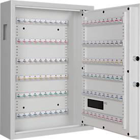 Schlüsselschrank SLE 120, für die Wandmontage, 120 Haken, mit Einwurfschlitz, Türanschlag rechts, Elektronikschloss mit Batterien, inkl. Verankerungsmaterial, B 460 x T 130 x H 630 mm, Stahlblech, lichtgrau RAL 7035