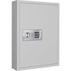 Schlüsselschrank SLE 120, für die Wandmontage, 120 Haken, ohne Einwurfschlitz, Türanschlag rechts, Elektronikschloss mit Batterien, inkl. Verankerungsmaterial, B 460 x T 130 x H 630 mm, Stahlblech, lichtgrau RAL 7035