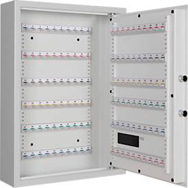 Schlüsselschrank SLE 120, für die Wandmontage, 120 Haken, ohne Einwurfschlitz, Türanschlag rechts, Elektronikschloss mit Batterien, inkl. Verankerungsmaterial, B 460 x T 130 x H 630 mm, Stahlblech, lichtgrau RAL 7035