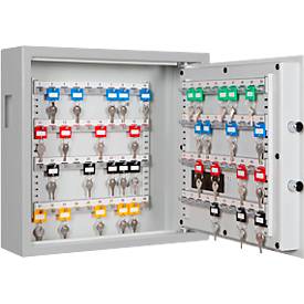 Schlüsselschrank SLE 80, für die Wandmontage, 80 Haken, mit Einwurfschlitz, Türanschlag rechts, Elektronikschloss mit Batterien, inkl. Verankerungsmaterial, B 460 x T 130 x H 430 mm, Stahlblech, lichtgrau RAL 7035