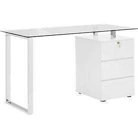 Schreib- und Computertisch, Glastischplatte, Container, Bügelfuß, B 1.300 x T 600 x H 750 mm