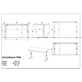 Schreibtisch Aalborg, mechanisch höhenverstellbar, bis 80 kg, Rechteck, C-Fuß, B 1400 x T 800 x H 680 - 910 mm, kaschmir/schwarzgrau