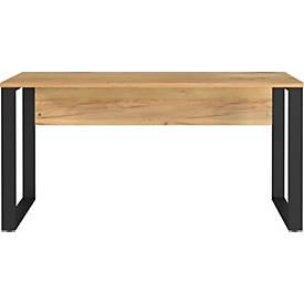Schreibtisch Athen, Rechteck, Bügelfuß, mit Blende, B 1500 x T 600 x H 740 mm, Navarra Eiche/schwarz