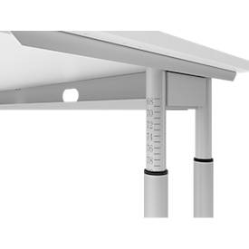 Schreibtisch Breno, manuelle Höheneinstellung, horizontaler Kabelkanal, B 1800 x T 800 x H 680-820 mm, Spanplatte & Stahl, Weiß/Silber