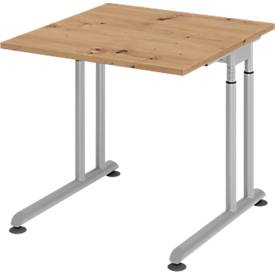 Schreibtisch Breno, manuelle Höheneinstellung, horizontaler Kabelkanal, B 800 x T 800 x H 680-820 mm, Spanplatte & Stahl, Asteiche/Silber