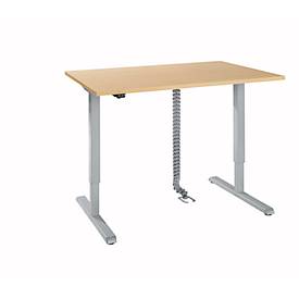 Schreibtisch, elektrisch höhenverstellbar, inkl. Kabelkette & Kabelkanal, Rechteck, T-Fuß, B 1200 x T 800 x H 715-1205 mm, Ahorn/weißaluminium
