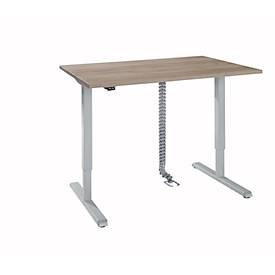 Schreibtisch, elektrisch höhenverstellbar, inkl. Kabelkette & Kabelkanal, Rechteck, T-Fuß, B 1200 x T 800 x H 715-1205 mm, Wildeiche/weißaluminium