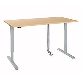 Schreibtisch, elektrisch höhenverstellbar, inkl. Kabelkette & Kabelkanal, Rechteck, T-Fuß, B 1600 x T 800 x H 715-1205 mm, Ahorn/weißaluminium