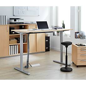 Schreibtisch, elektrisch höhenverstellbar, inkl. Kabelkette & Kabelkanal, Rechteck, T-Fuß, B 1600 x T 800 x H 715-1205 mm, Ahorn/weißaluminium
