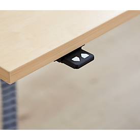 Schreibtisch, elektrisch höhenverstellbar, inkl. Kabelkette & Kabelkanal, Rechteck, T-Fuß, B 1600 x T 800 x H 715-1205 mm, Ahorn/weißaluminium