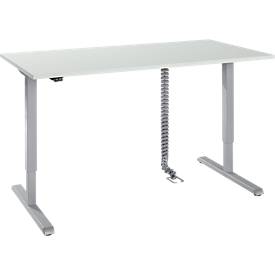 Schreibtisch, elektrisch höhenverstellbar, inkl. Kabelkette & Kabelkanal, Rechteck, T-Fuß, B 1600 x T 800 x H 715-1205 mm, lichtgrau/weißaluminium