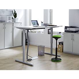 Schreibtisch, elektrisch höhenverstellbar, inkl. Kabelkette & Kabelkanal, Rechteck, T-Fuß, B 1600 x T 800 x H 715-1205 mm, lichtgrau/weißaluminium