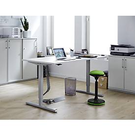 Schreibtisch, elektrisch höhenverstellbar, inkl. Kabelkette & Kabelkanal, Rechteck, T-Fuß, B 1600 x T 800 x H 715-1205 mm, lichtgrau/weißaluminium