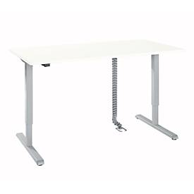 Schreibtisch, elektrisch höhenverstellbar, inkl. Kabelkette & Kabelkanal, Rechteck, T-Fuß, B 1600 x T 800 x H 715-1205 mm, weiß/weißaluminium