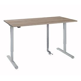 Schreibtisch, elektrisch höhenverstellbar, inkl. Kabelkette & Kabelkanal, Rechteck, T-Fuß, B 1600 x T 800 x H 715-1205 mm, Wildeiche/weißaluminium