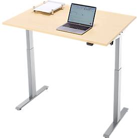 Schreibtisch, elektrisch höhenverstellbar, Rechteck, T-Fuß, B 1200 x T 800 x H 720-1200 mm, Ahorn-Dekor/silber