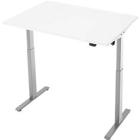 Schreibtisch, elektrisch höhenverstellbar, Rechteck, T-Fuß, B 1200 x T 800 x H 720-1200 mm, weiß/silber