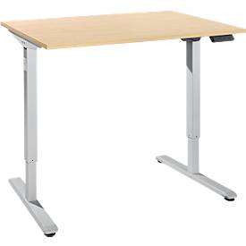 Schreibtisch, elektrisch höhenverstellbar, Rechteck, T-Fuß, B 1200 x T 800 x H 755-1255 mm, Ahorn/weißalu + Memory-Bedienpanel, Kabelkanal