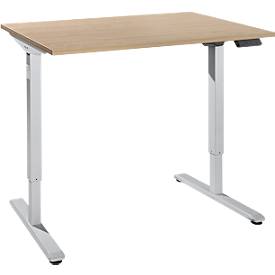 Schreibtisch, elektrisch höhenverstellbar, Rechteck, T-Fuß, B 1200 x T 800 x H 755-1255 mm, Eiche/weißalu + Memory-Bedienpanel, Kabelkanal