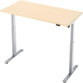 Schreibtisch, elektrisch höhenverstellbar, Rechteck, T-Fuß, B 1300 x T 650 x H 720-1200 mm, Ahorn-Dekor/silber