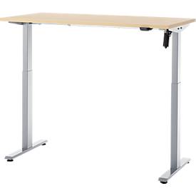 Schreibtisch, elektrisch höhenverstellbar, Rechteck, T-Fuß, B 1300 x T 650 x H 720-1200 mm, Ahorn-Dekor/silber