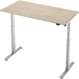 Schreibtisch, elektrisch höhenverstellbar, Rechteck, T-Fuß, B 1300 x T 650 x H 720-1200 mm, Eiche-Dekor/silber
