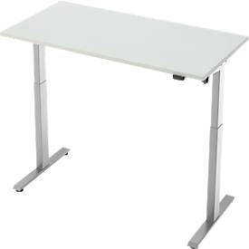 Schreibtisch, elektrisch höhenverstellbar, Rechteck, T-Fuß, B 1300 x T 650 x H 720-1200 mm, lichtgrau/silber