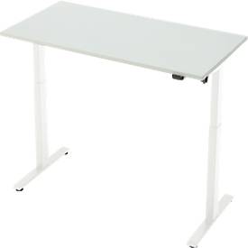 Schreibtisch, elektrisch höhenverstellbar, Rechteck, T-Fuß, B 1300 x T 650 x H 720-1200 mm, lichtgrau/weiß
