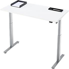 Schreibtisch, elektrisch höhenverstellbar, Rechteck, T-Fuß, B 1300 x T 650 x H 720-1200 mm, weiß/silber