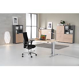 Schreibtisch, elektrisch höhenverstellbar, Rechteck, T-Fuß, B 1600 mm, Ahorn/weißalu + Schublade & Kabelspirale