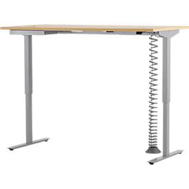 Schreibtisch, elektrisch höhenverstellbar, Rechteck, T-Fuß, B 1600 mm, Ahorn/weißalu + Schublade & Kabelspirale